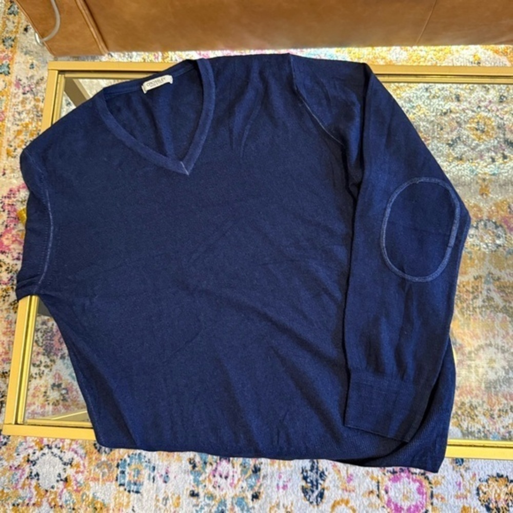.CROSSLEY Merino Wool V-Neck Sweater w. Elbow Patches in Blue size Men’s L Large